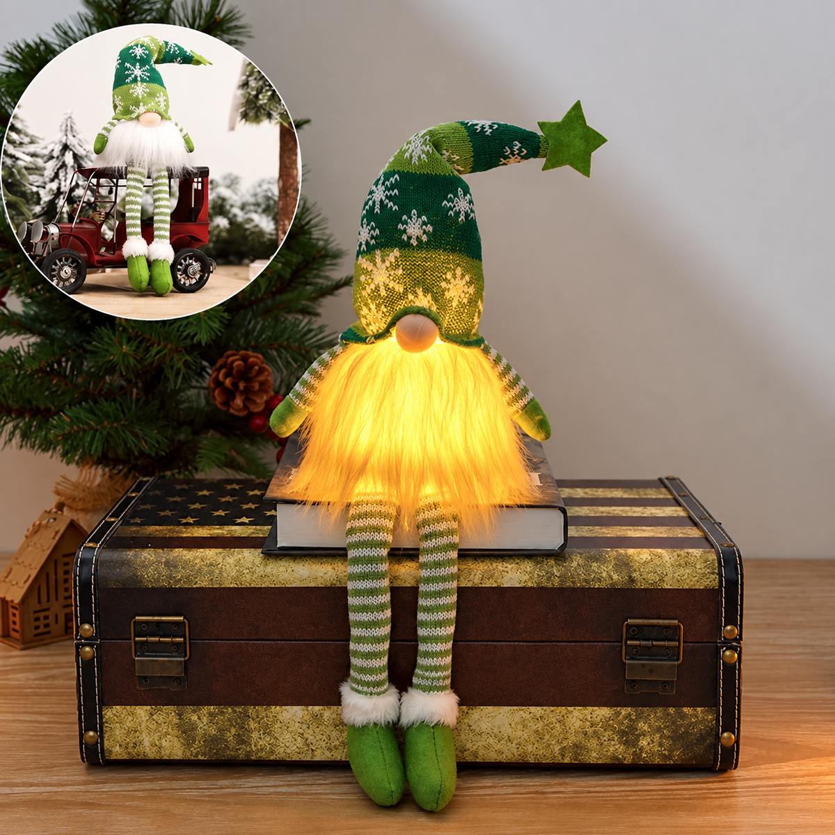 Battery-Operated Scandinavian LED Christmas Gnome with Warm White Light and Long Hat