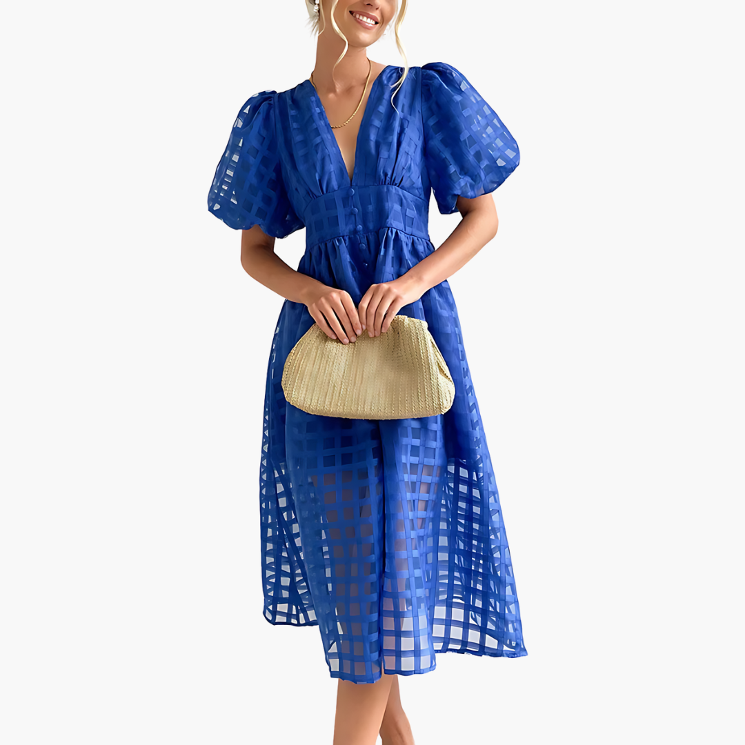 Image of Bernice | Women's V-Neck A-Line Midi Dress