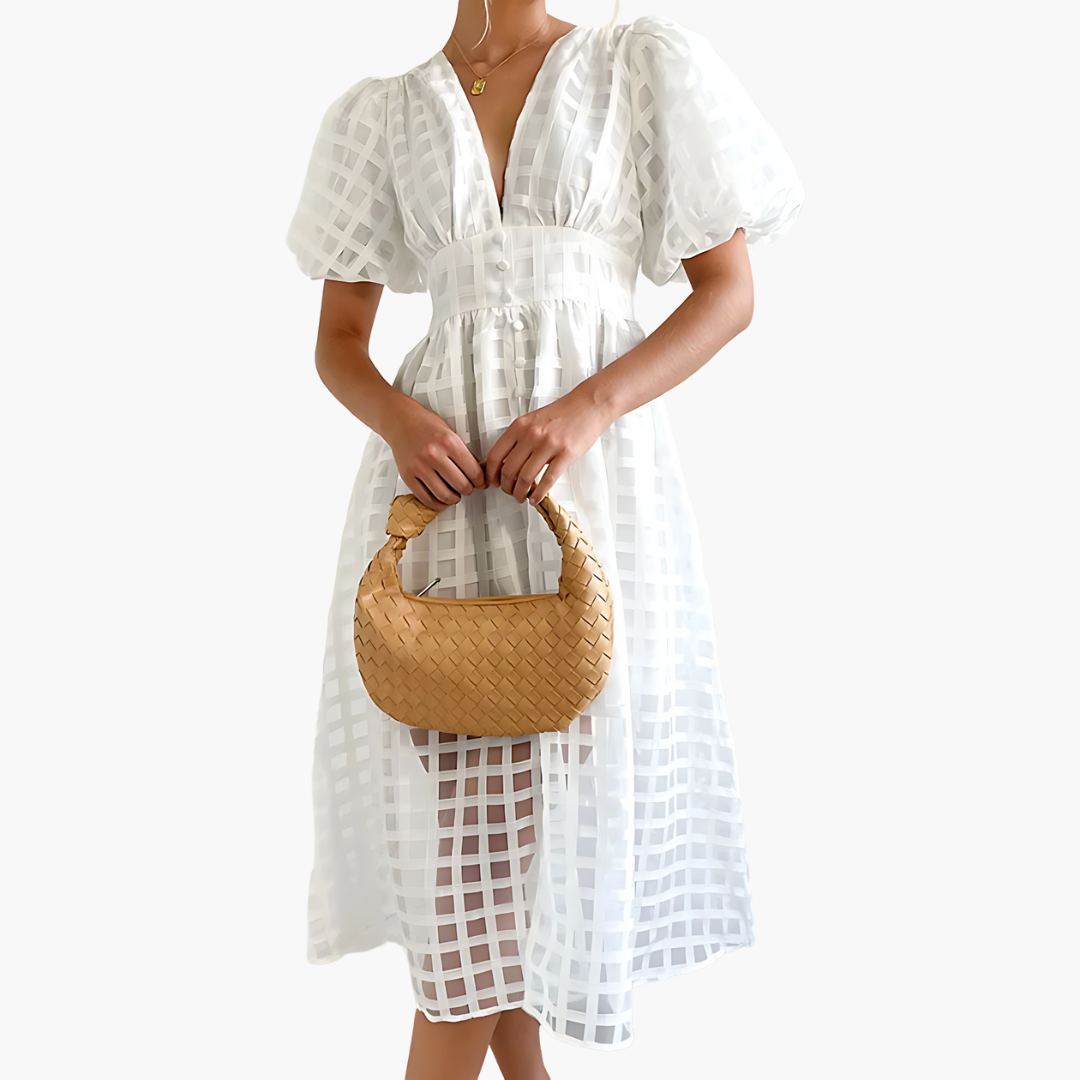 Image of Bernice | Women's V-Neck A-Line Midi Dress
