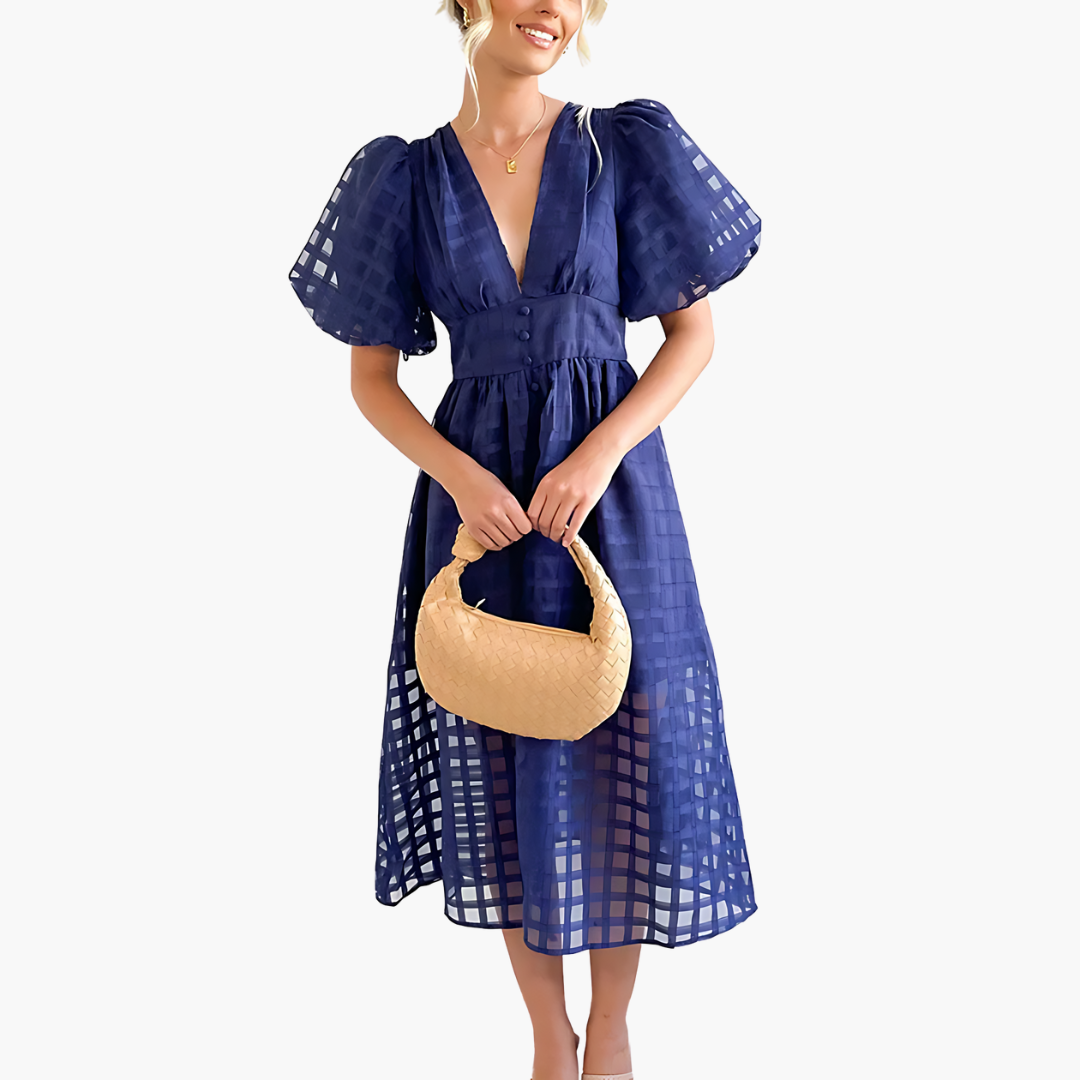 Image of Bernice | Women's V-Neck A-Line Midi Dress