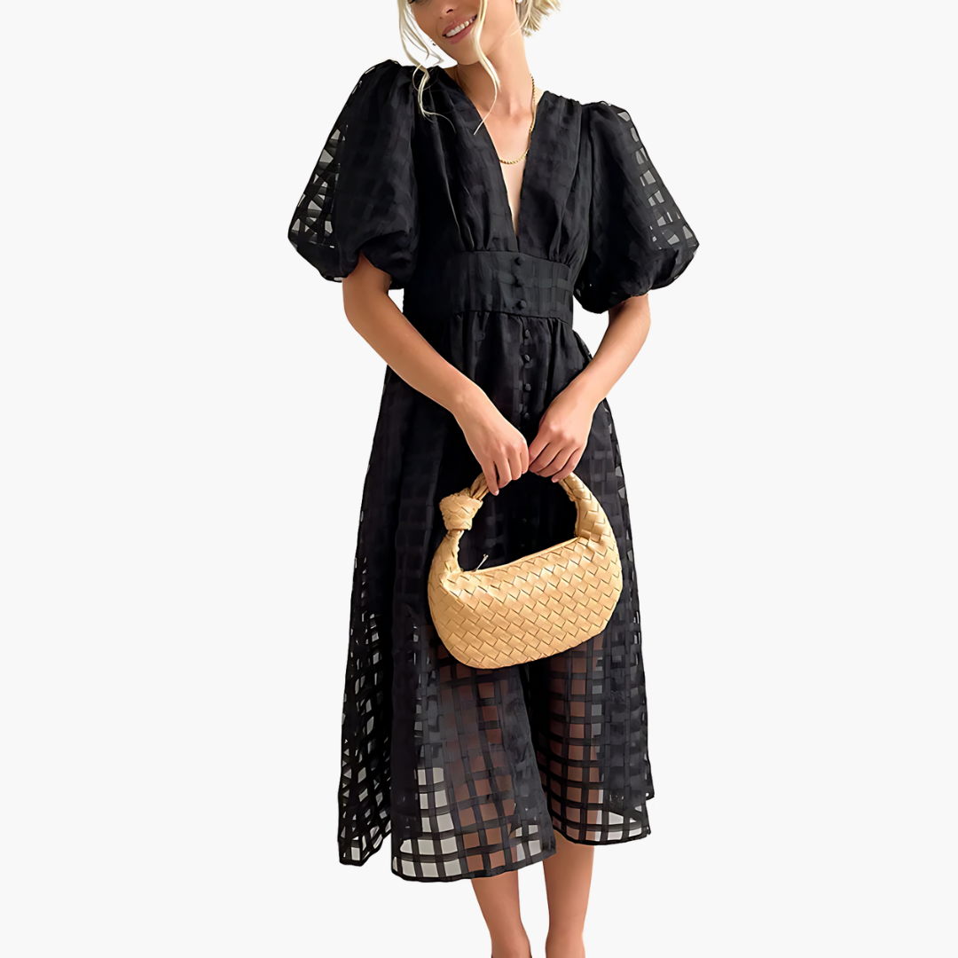 Image of Bernice | Women's V-Neck A-Line Midi Dress