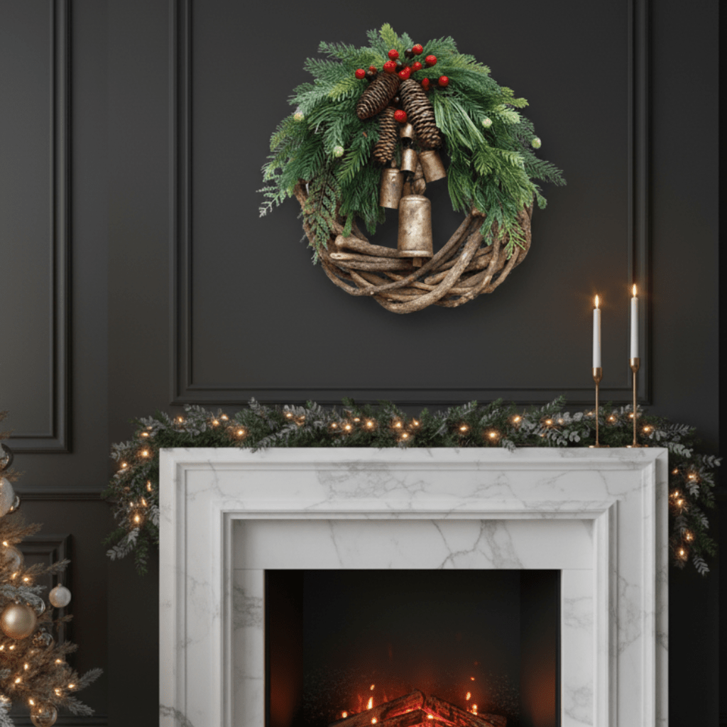 Boho Christmas Wreath with Natural Bells and Wooden Accents