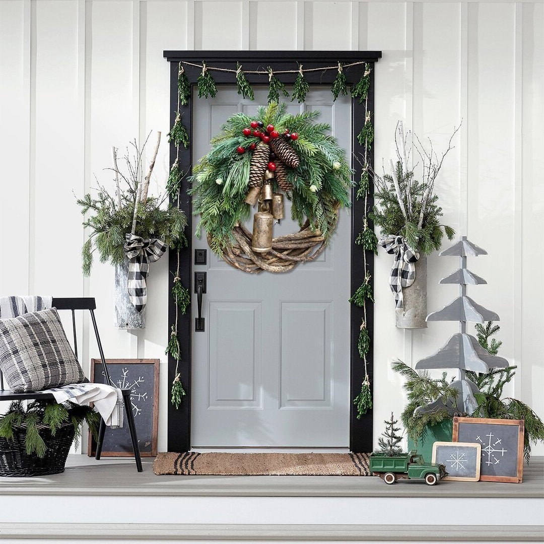 Boho Christmas Wreath with Natural Bells and Wooden Accents