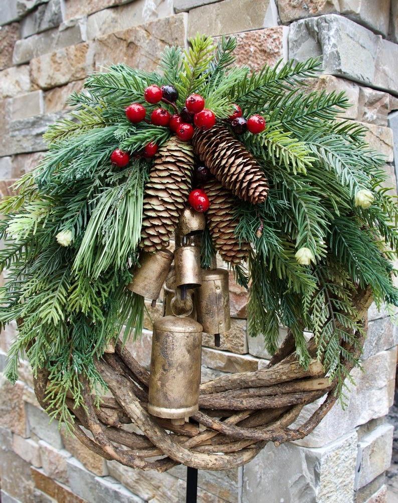 Boho Christmas Wreath with Natural Bells and Wooden Accents