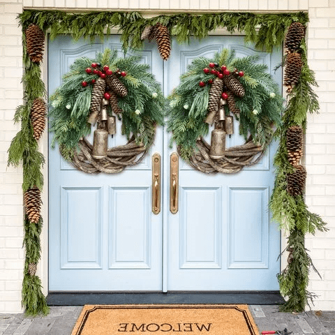 Boho Christmas Wreath with Natural Bells and Wooden Accents