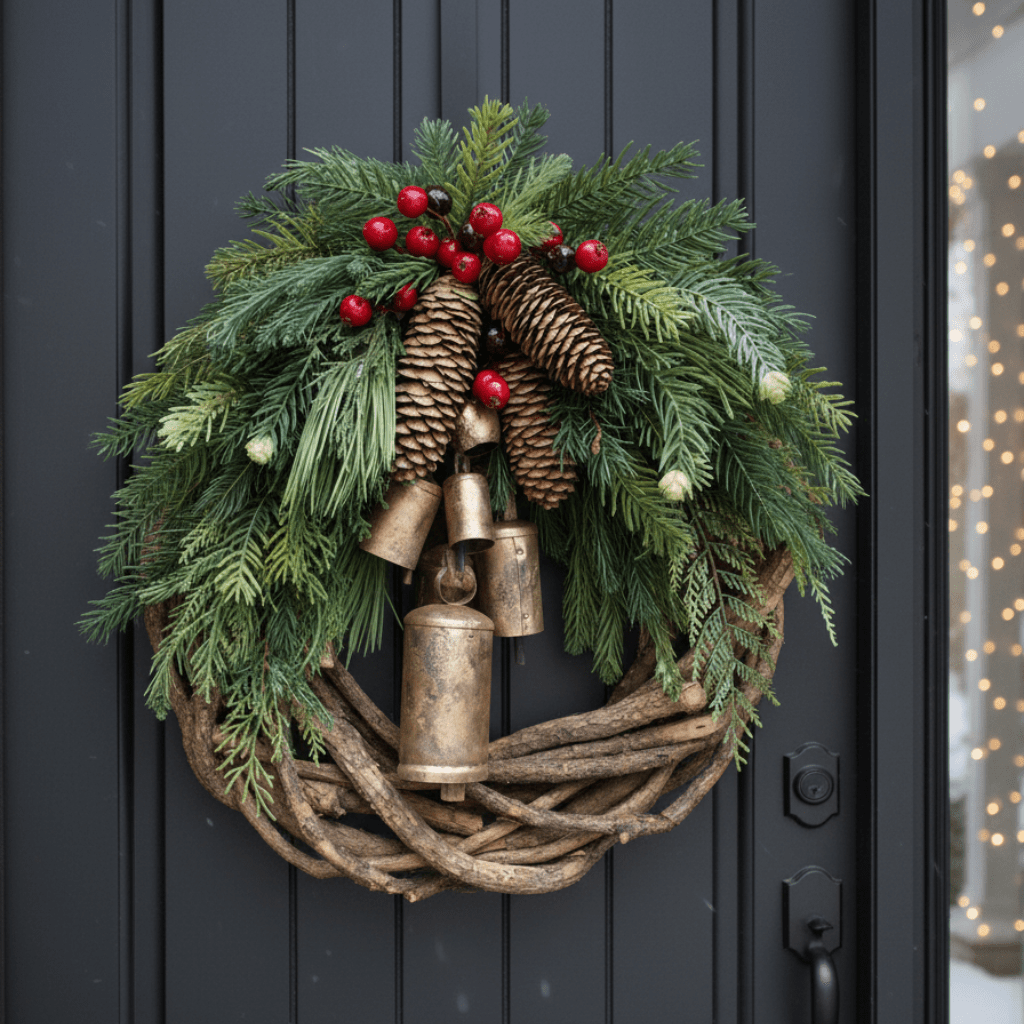 Boho Christmas Wreath with Natural Bells and Wooden Accents