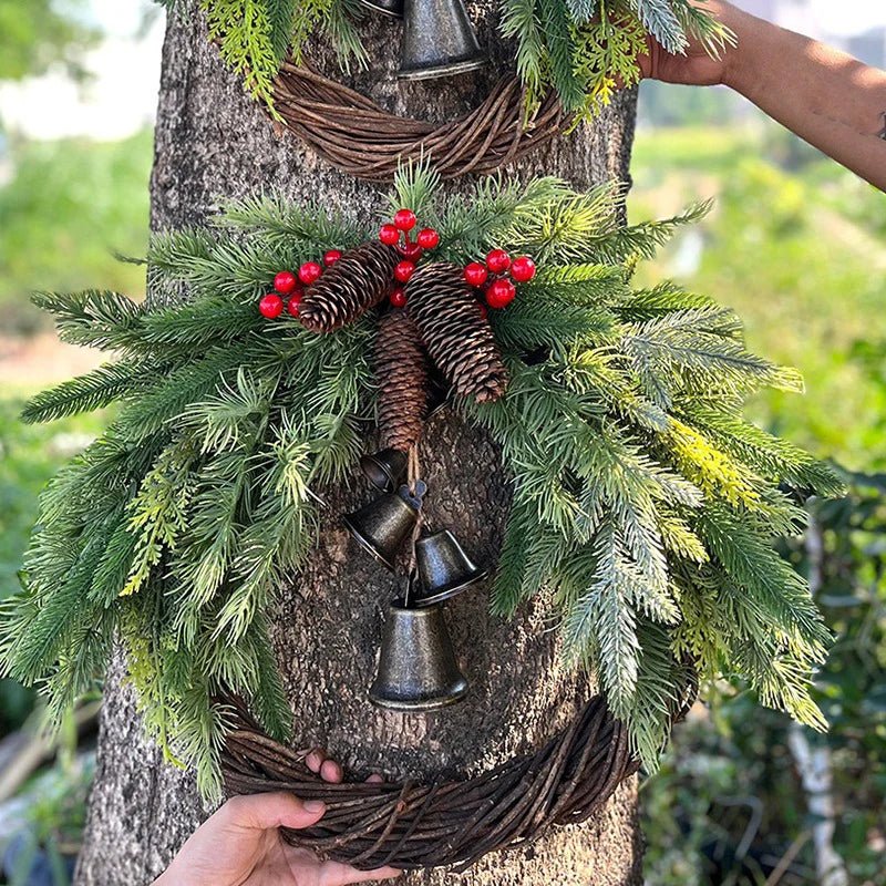 Boho Christmas Wreath with Natural Bells and Wooden Accents