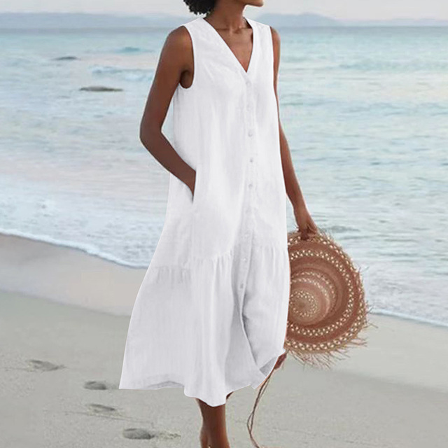 Image of Bonnie | Women's Sleeveless V-Neck Midi Dress