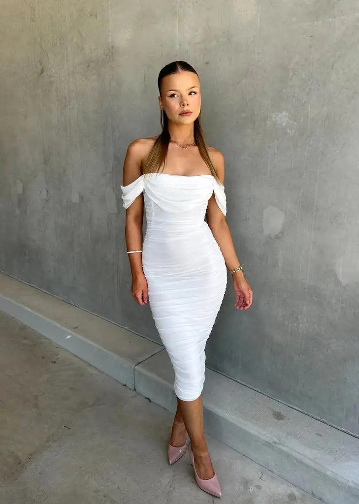 Image of Candice | Women's Off-Shoulder Bodycon Midi Dress