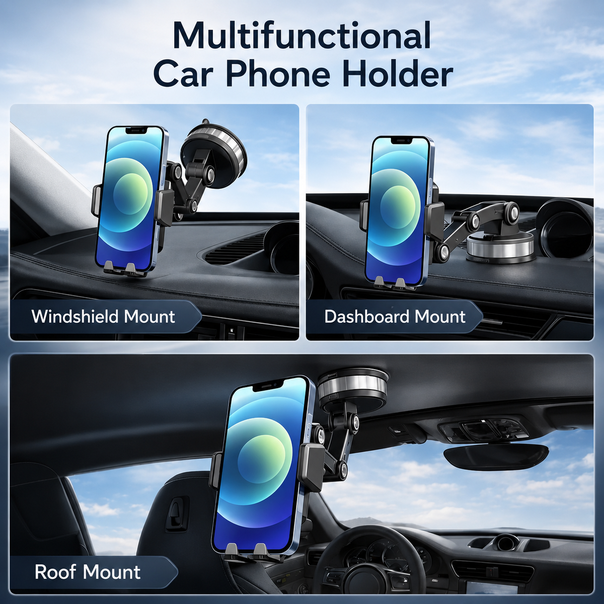 Car Phone Mount with Suction Cup, 360° Rotating & Adjustable Arm
