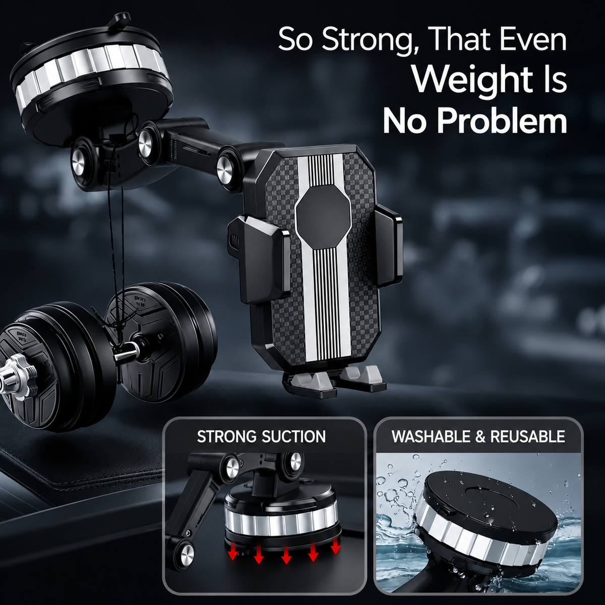 Car Phone Mount with Suction Cup, 360° Rotating & Adjustable Arm