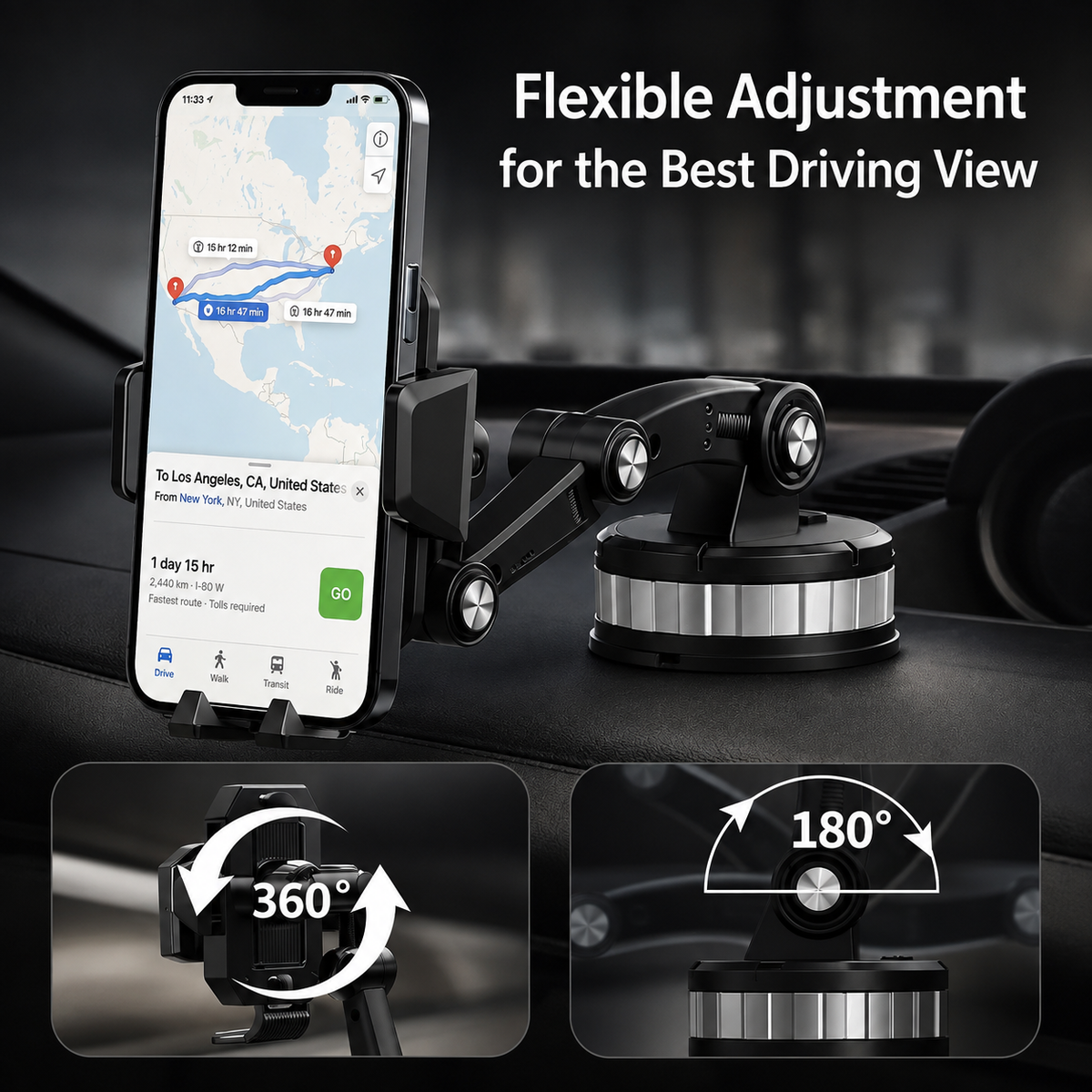 Car Phone Mount with Suction Cup, 360° Rotating & Adjustable Arm