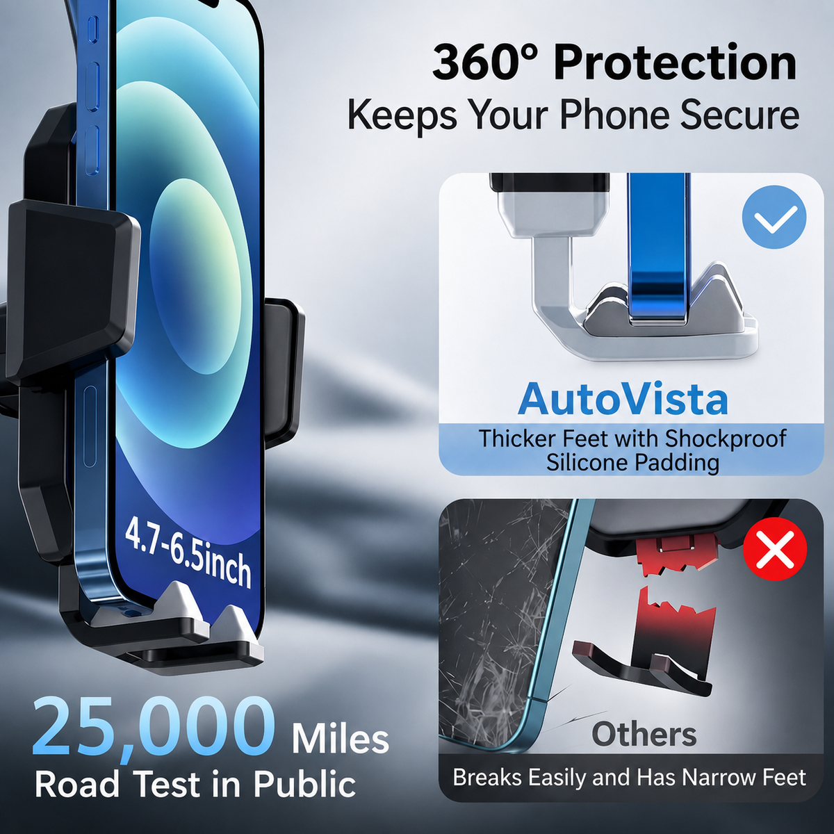 Car Phone Mount with Suction Cup, 360° Rotating & Adjustable Arm