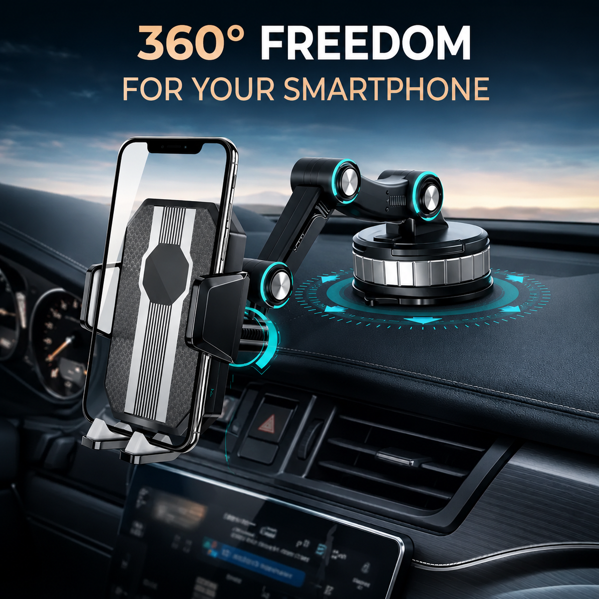 Car Phone Mount with Suction Cup, 360° Rotating & Adjustable Arm