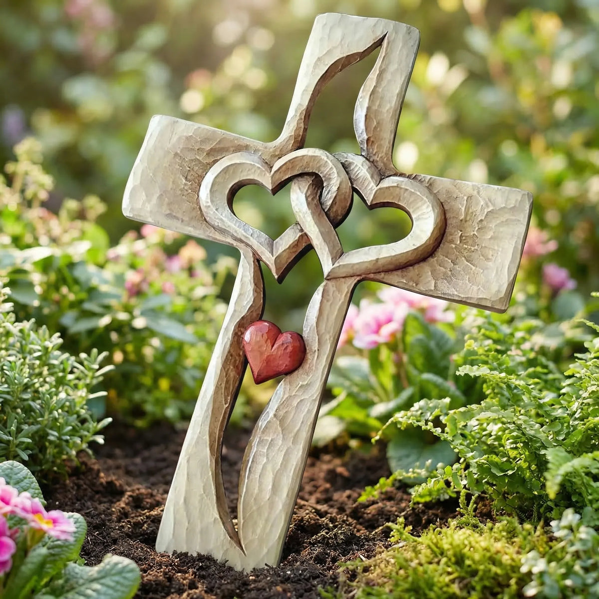 Carved Cross with Intertwined Hearts