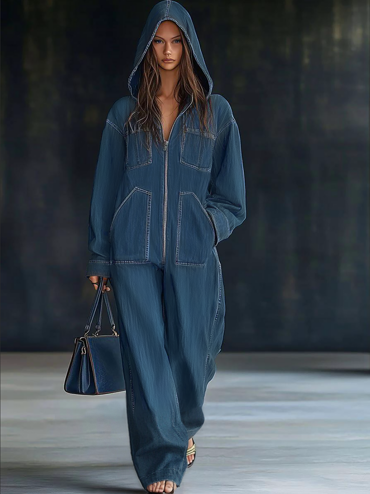 Casual Loose Retro Long-Sleeve Hooded Zip-Up Denim Jumpsuit with Pockets