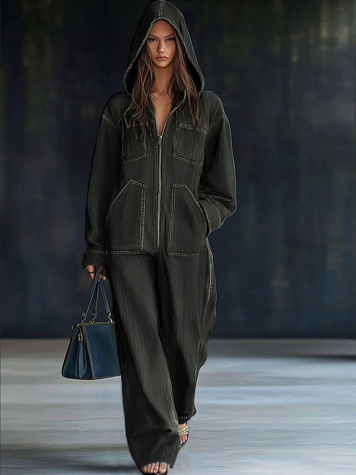 Casual Loose Retro Long-Sleeve Hooded Zip-Up Denim Jumpsuit with Pockets