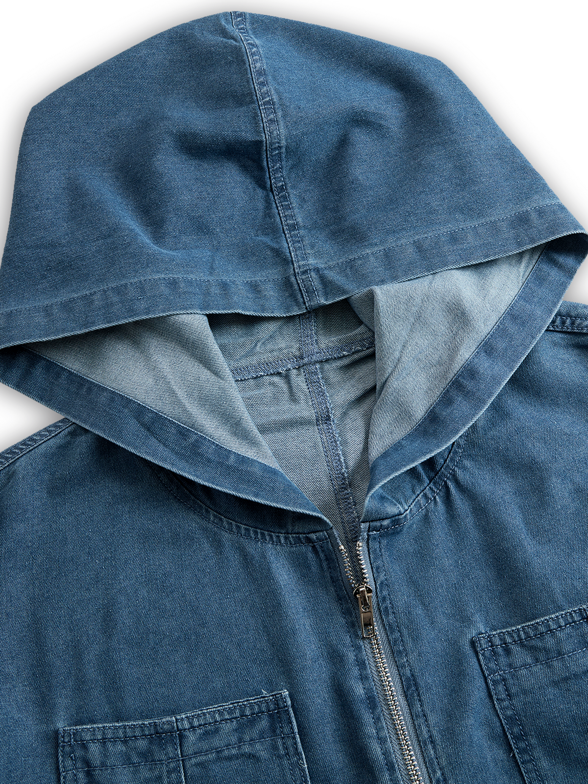 Casual Loose Retro Long-Sleeve Hooded Zip-Up Denim Jumpsuit with Pockets