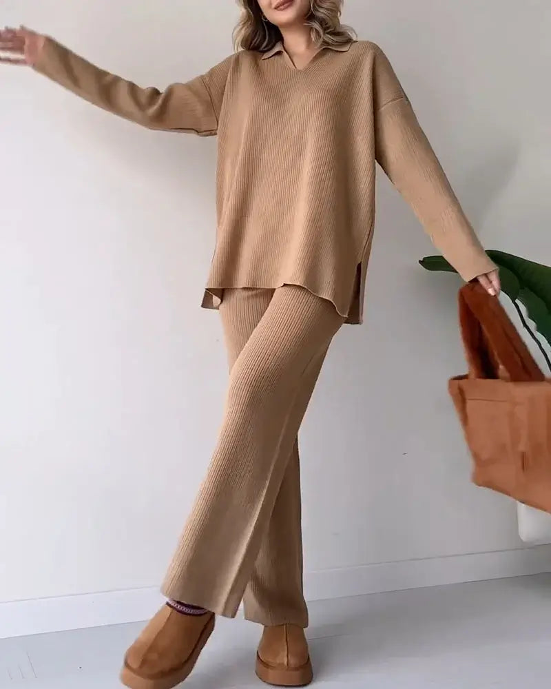 Casual V-Neck Split Knit Two-Piece Set