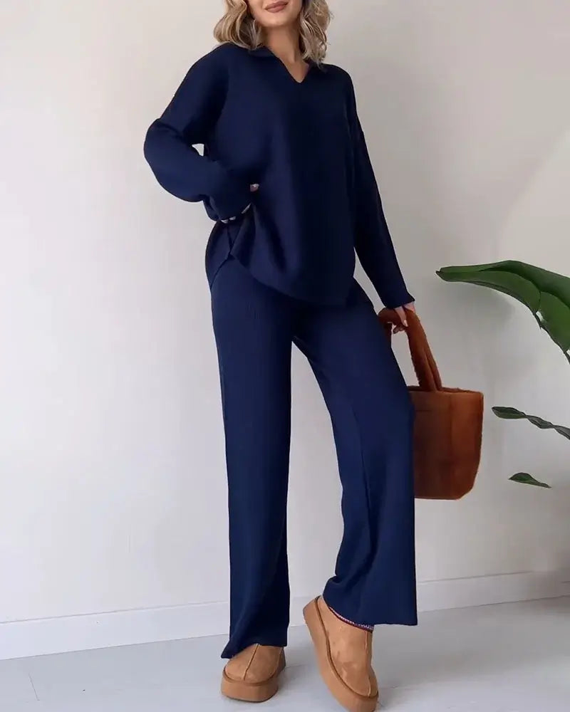 Casual V-Neck Split Knit Two-Piece Set