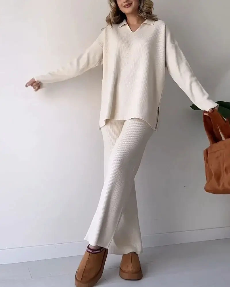 Casual V-Neck Split Knit Two-Piece Set