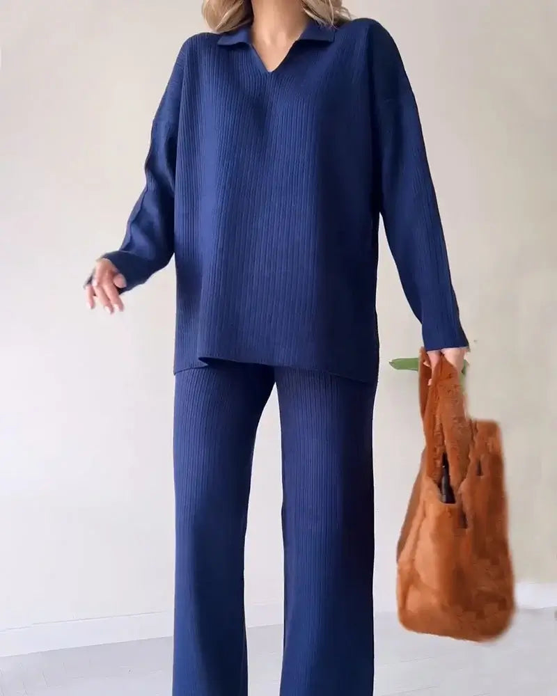 Casual V-Neck Split Knit Two-Piece Set