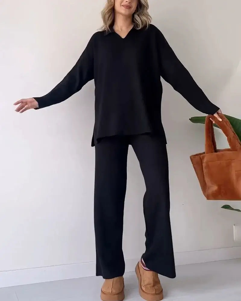 Casual V-Neck Split Knit Two-Piece Set