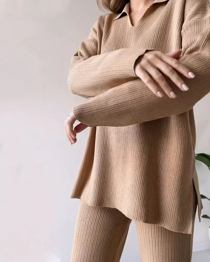 Casual V-Neck Split Knit Two-Piece Set