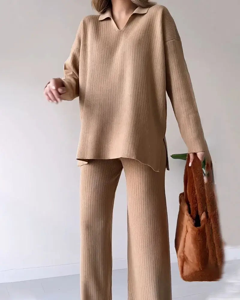 Casual V-Neck Split Knit Two-Piece Set