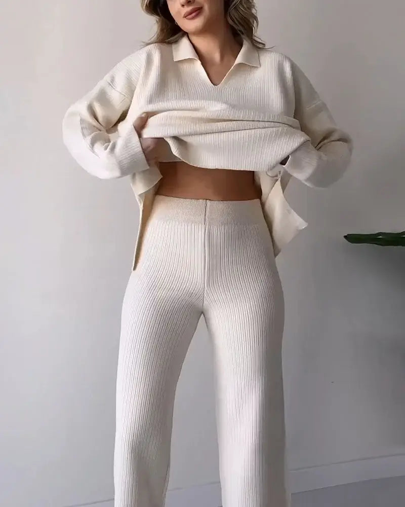 Casual V-Neck Split Knit Two-Piece Set