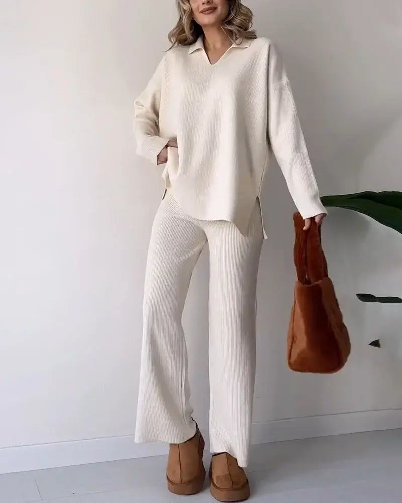 Casual V-Neck Split Knit Two-Piece Set