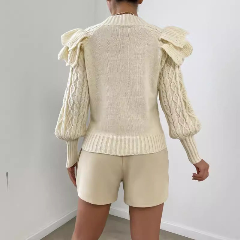 Image of Cheri | Women's Ruffle Cable Knit Long Sleeve Sweater