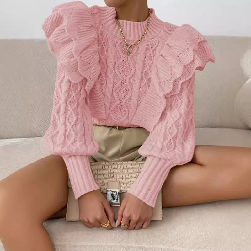 Image of Cheri | Women's Ruffle Cable Knit Long Sleeve Sweater