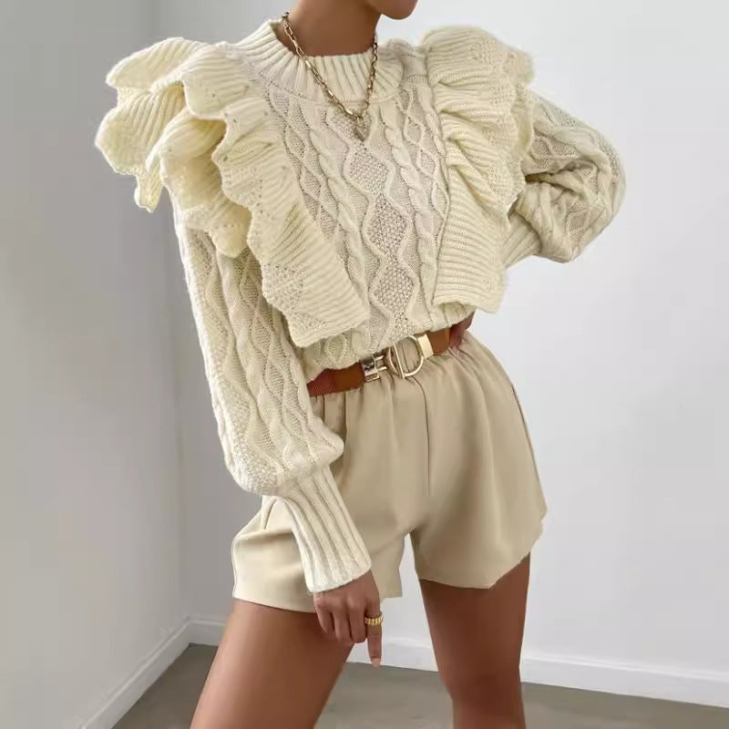 Image of Cheri | Women's Ruffle Cable Knit Long Sleeve Sweater