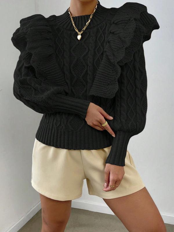 Image of Cheri | Women's Ruffle Cable Knit Long Sleeve Sweater