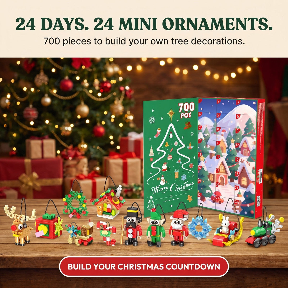 Christmas Brick Ornament Advent Calendar, 24 Mini Builds to Hang, 700 Pieces