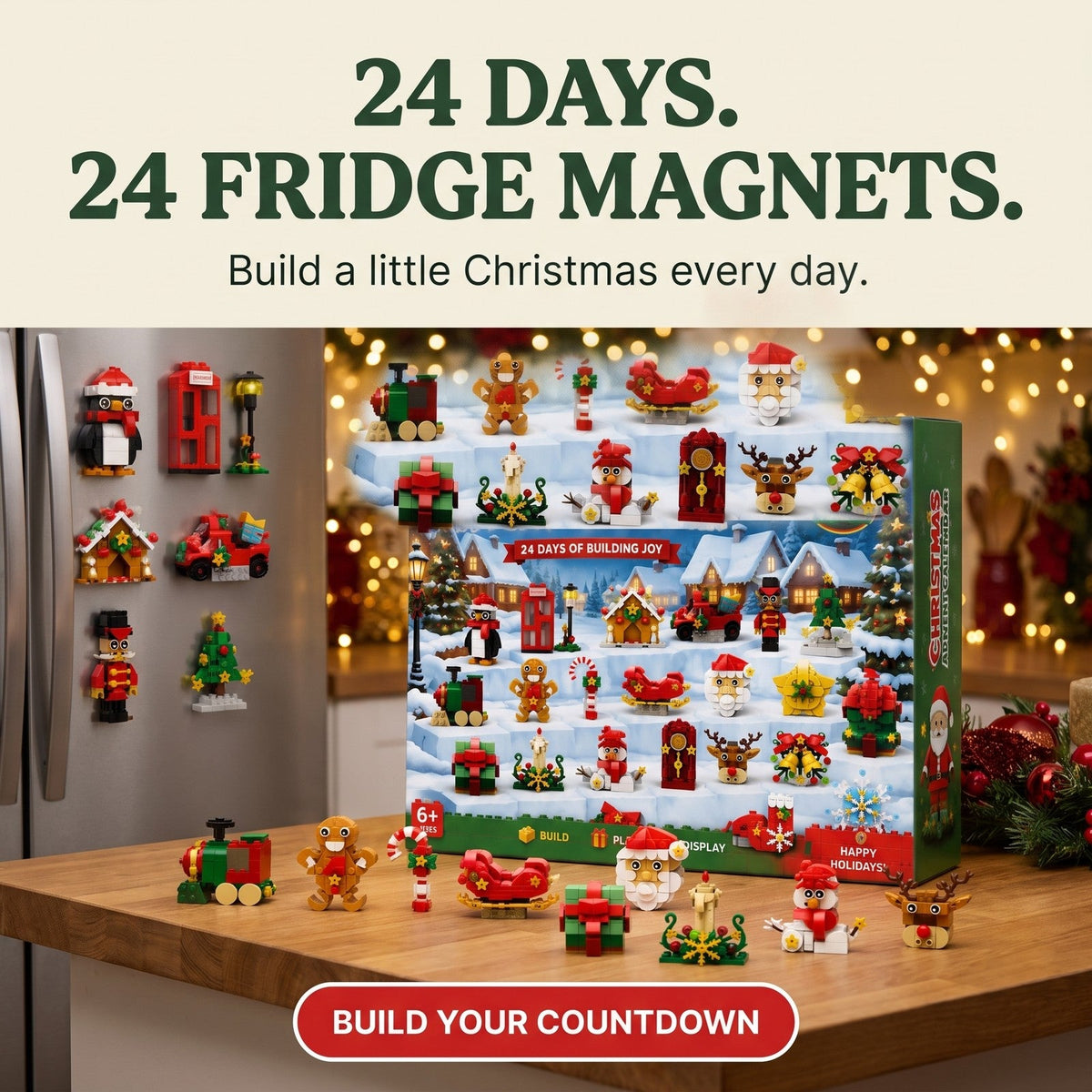Christmas Fridge Magnet Brick Advent Calendar, 24 Festive Magnets to Build