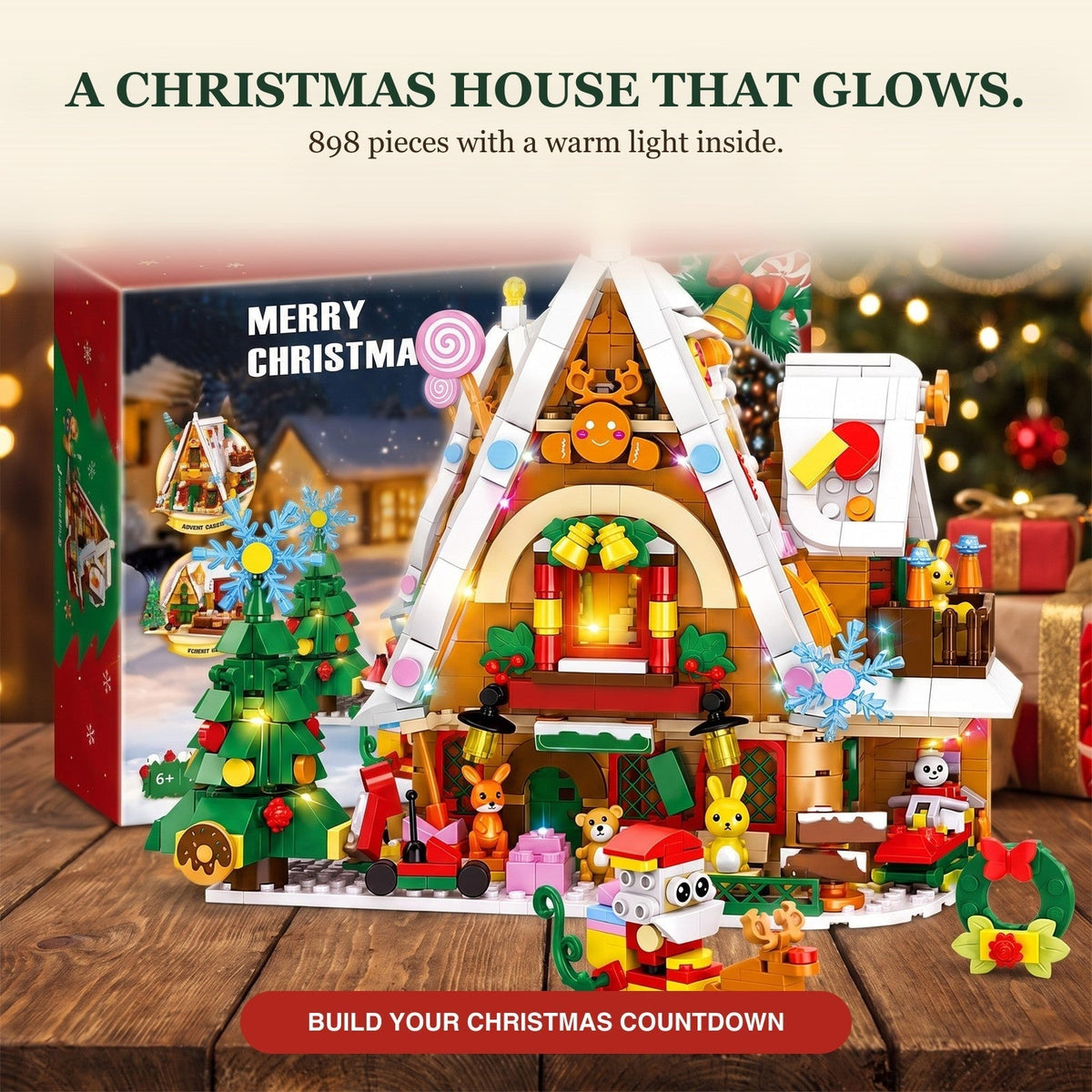 Christmas Snow House Brick Advent Calendar with Light, 898 Pieces