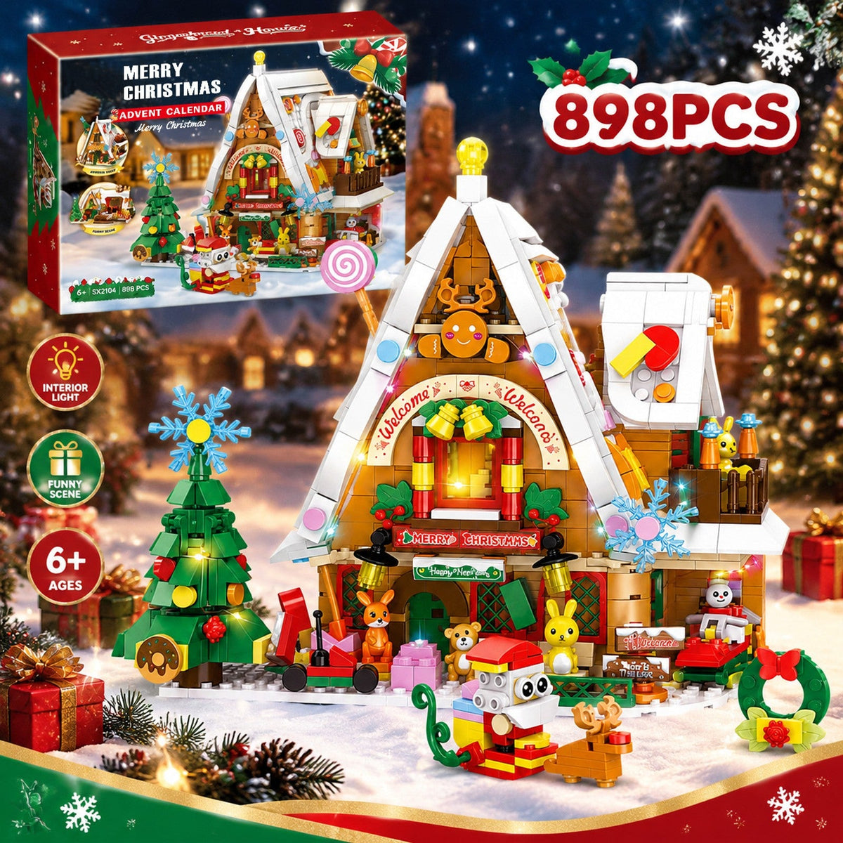 Christmas Snow House Brick Advent Calendar with Light, 898 Pieces