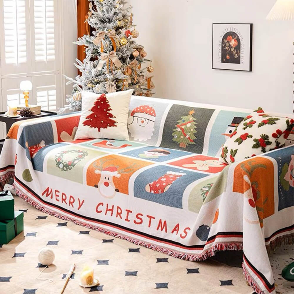 Christmas Sofa Throw Blanket with Tassels, Washable Polyester-Cotton Festive Holiday Motif Design