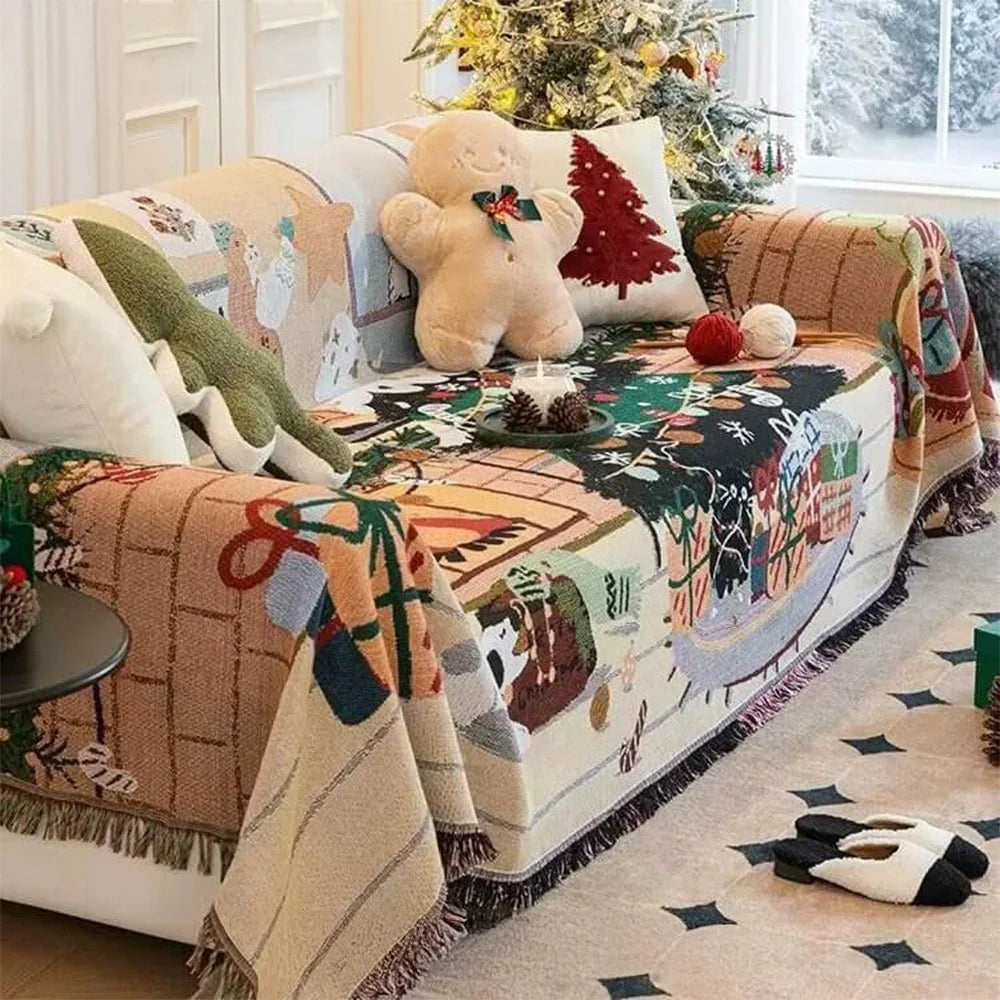 Christmas Sofa Throw Blanket with Tassels, Washable Polyester-Cotton Festive Holiday Motif Design