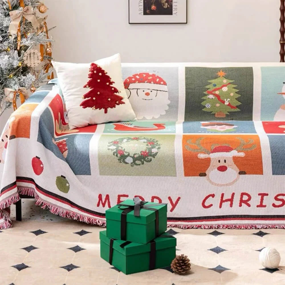 Christmas Sofa Throw Blanket with Tassels, Washable Polyester-Cotton Festive Holiday Motif Design