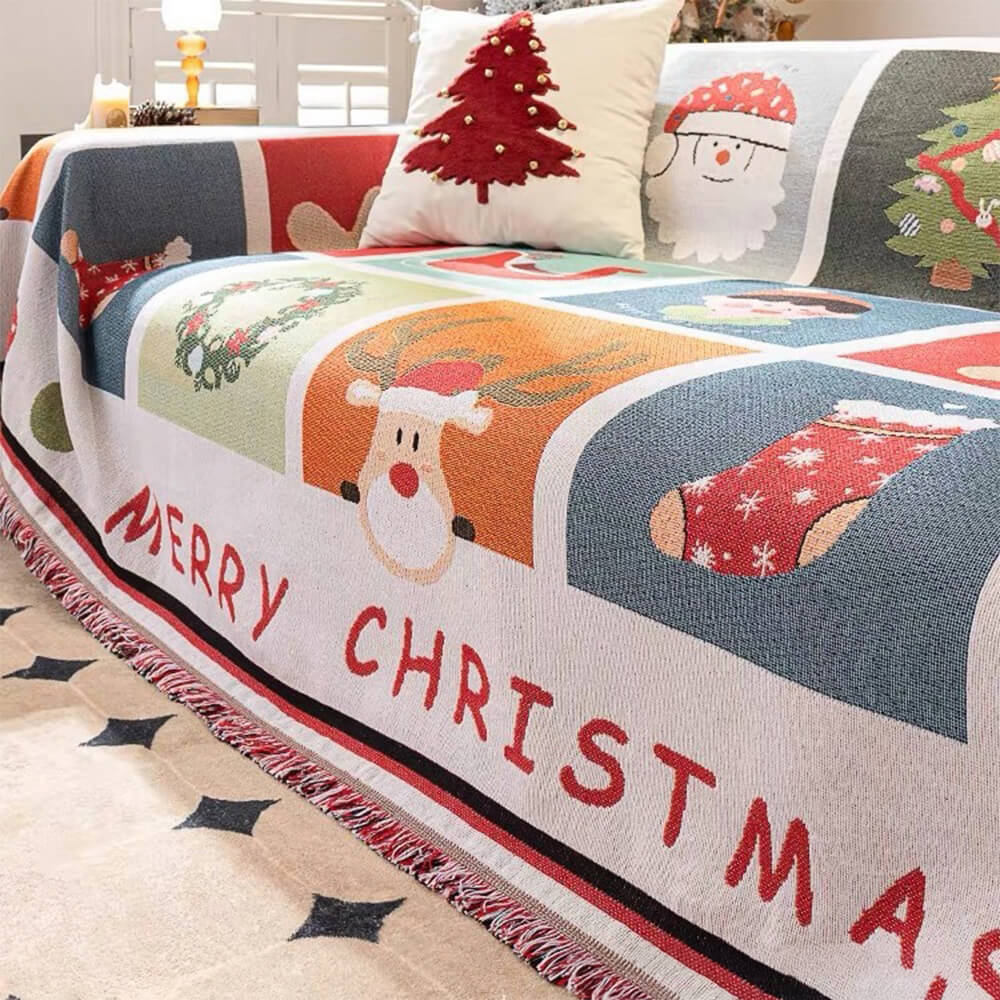 Christmas Sofa Throw Blanket with Tassels, Washable Polyester-Cotton Festive Holiday Motif Design