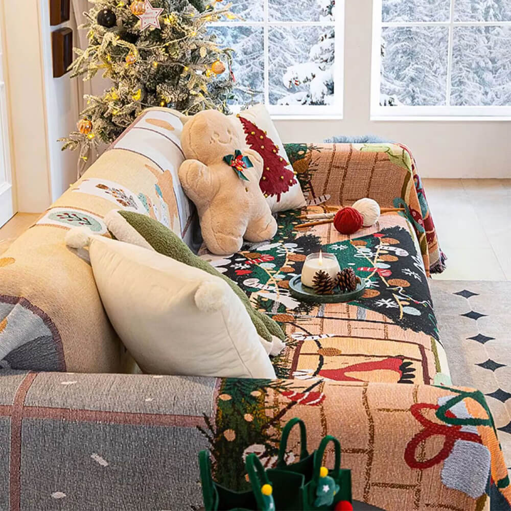 Christmas Sofa Throw Blanket with Tassels, Washable Polyester-Cotton Festive Holiday Motif Design