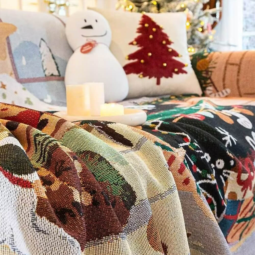 Christmas Sofa Throw Blanket with Tassels, Washable Polyester-Cotton Festive Holiday Motif Design