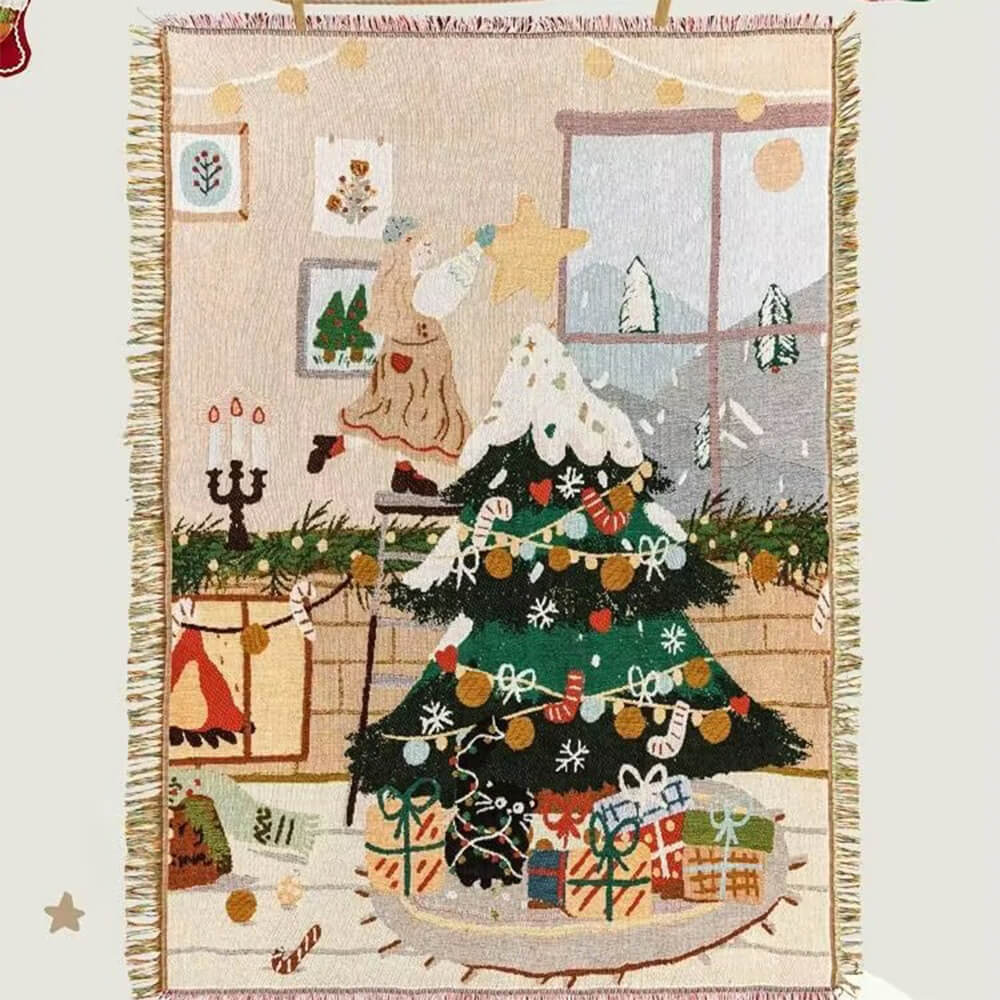 Christmas Sofa Throw Blanket with Tassels, Washable Polyester-Cotton Festive Holiday Motif Design