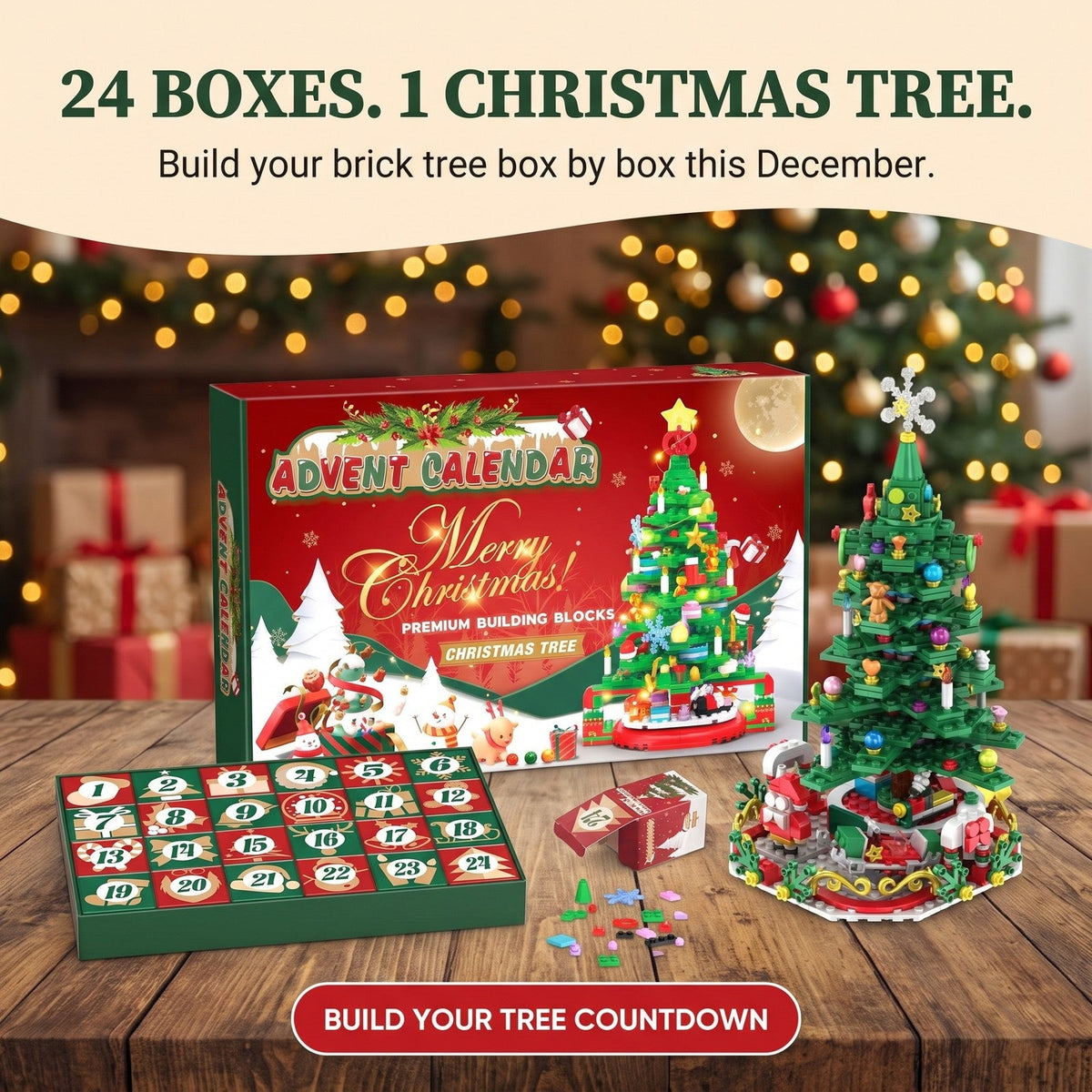 Christmas Tree Brick Advent Calendar with String Lights, 24 Boxes