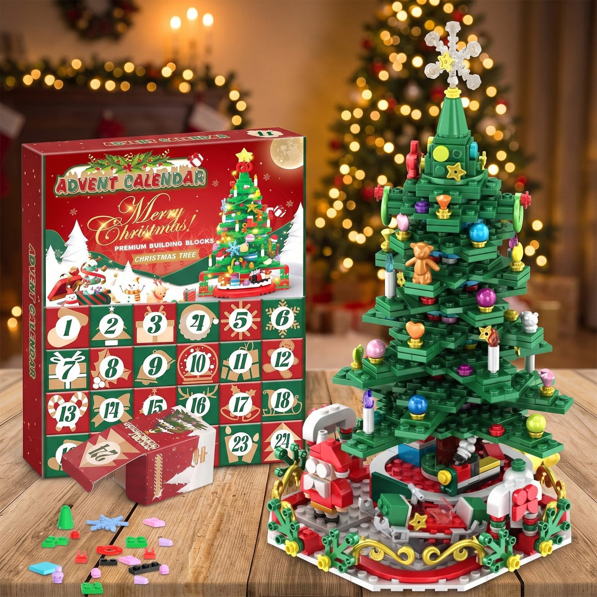 Christmas Tree Brick Advent Calendar with String Lights, 24 Boxes