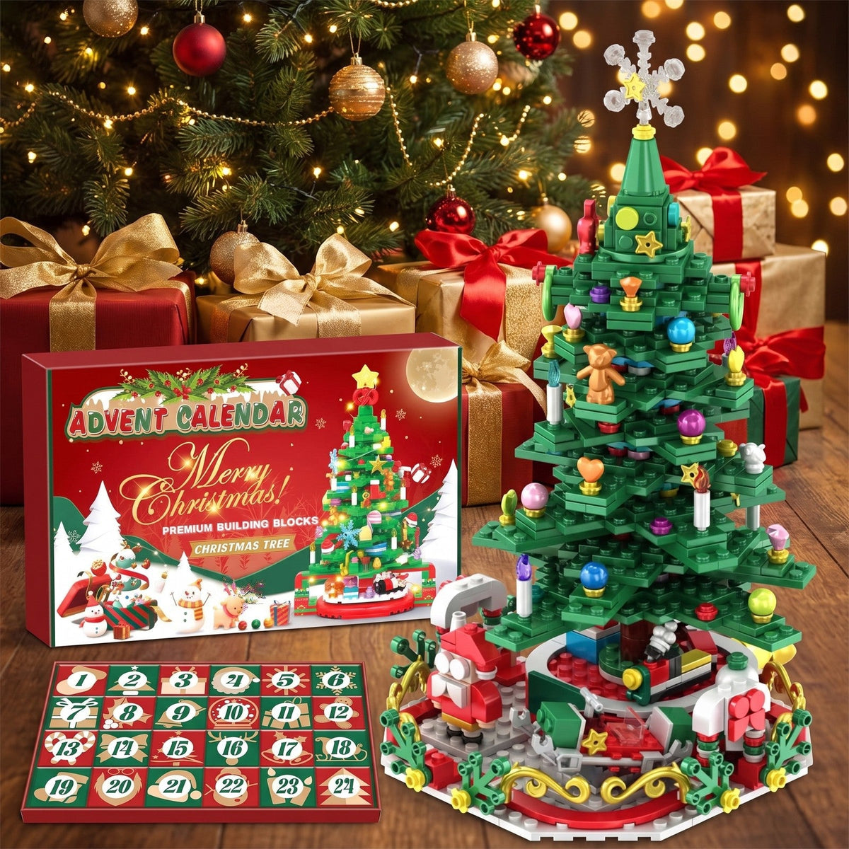Christmas Tree Brick Advent Calendar with String Lights, 24 Boxes