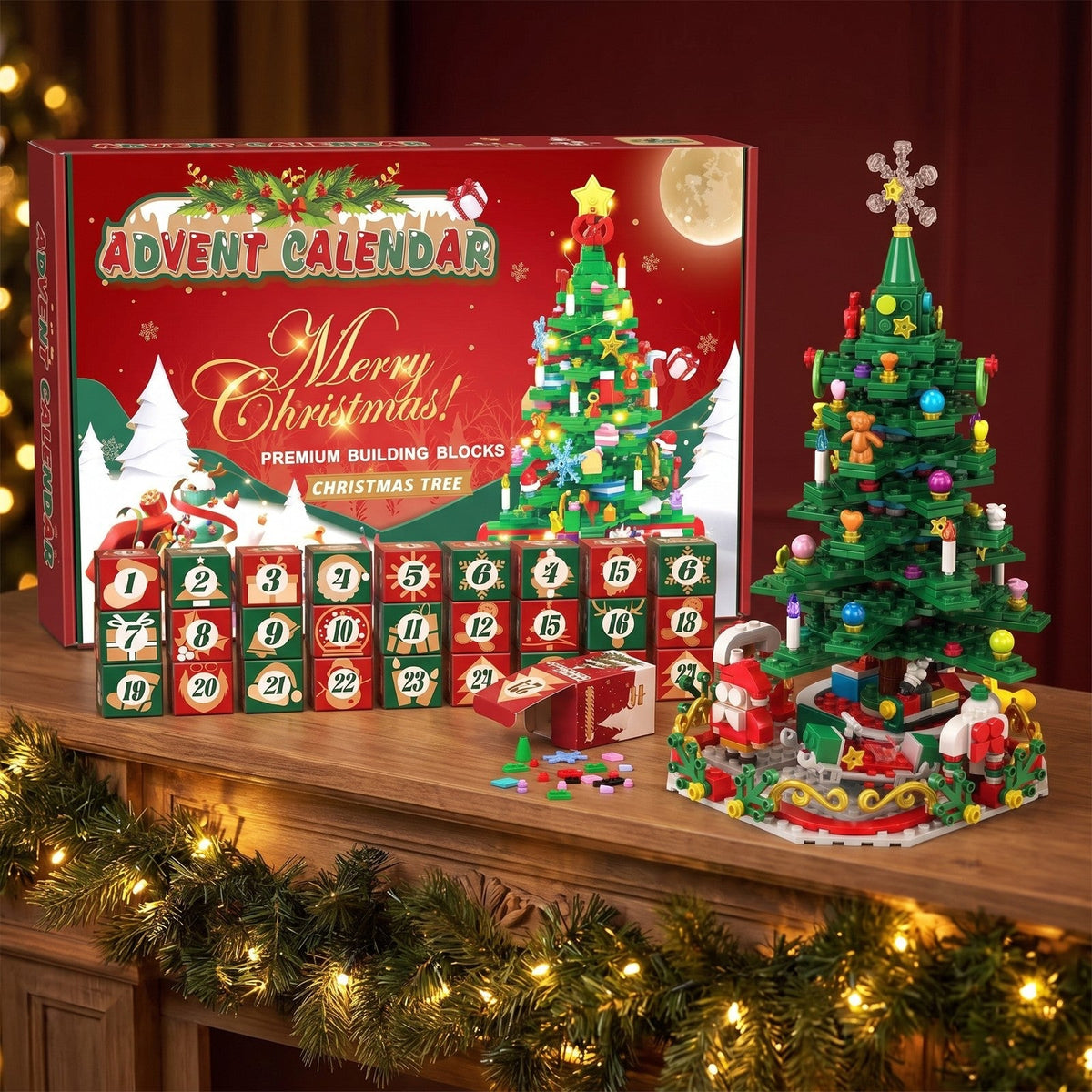 Christmas Tree Brick Advent Calendar with String Lights, 24 Boxes